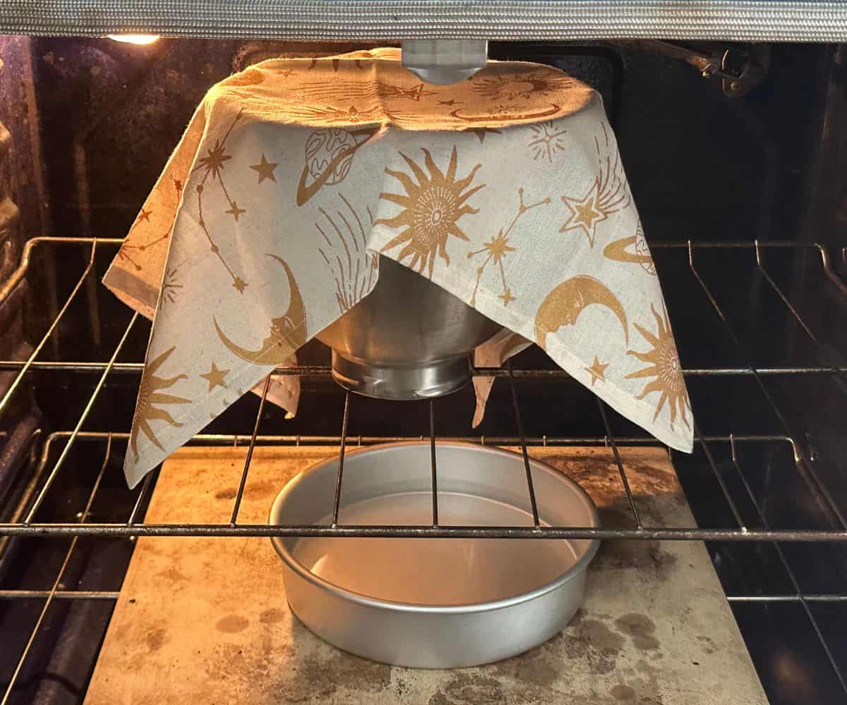A DIY proofing box using an oven and boiling water.