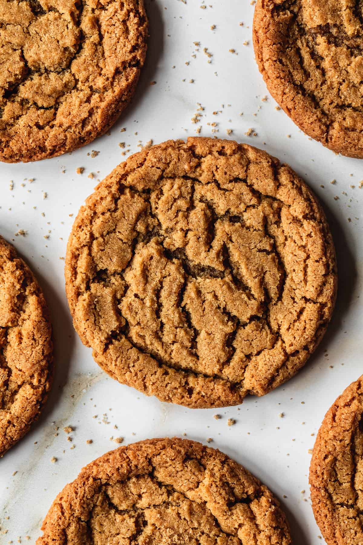 Rows of small batch chocolate chipless cookies sprinkled with brown sugar on a white marble counter.