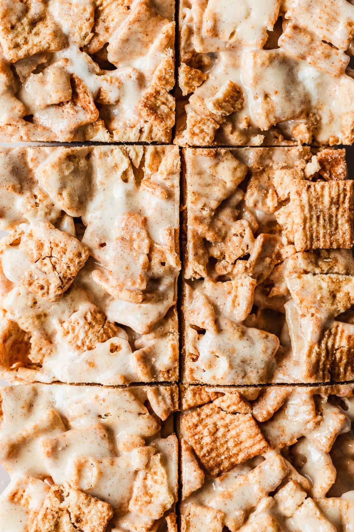 Sliced small batch cinnamon toast crunch marshmallow treats.