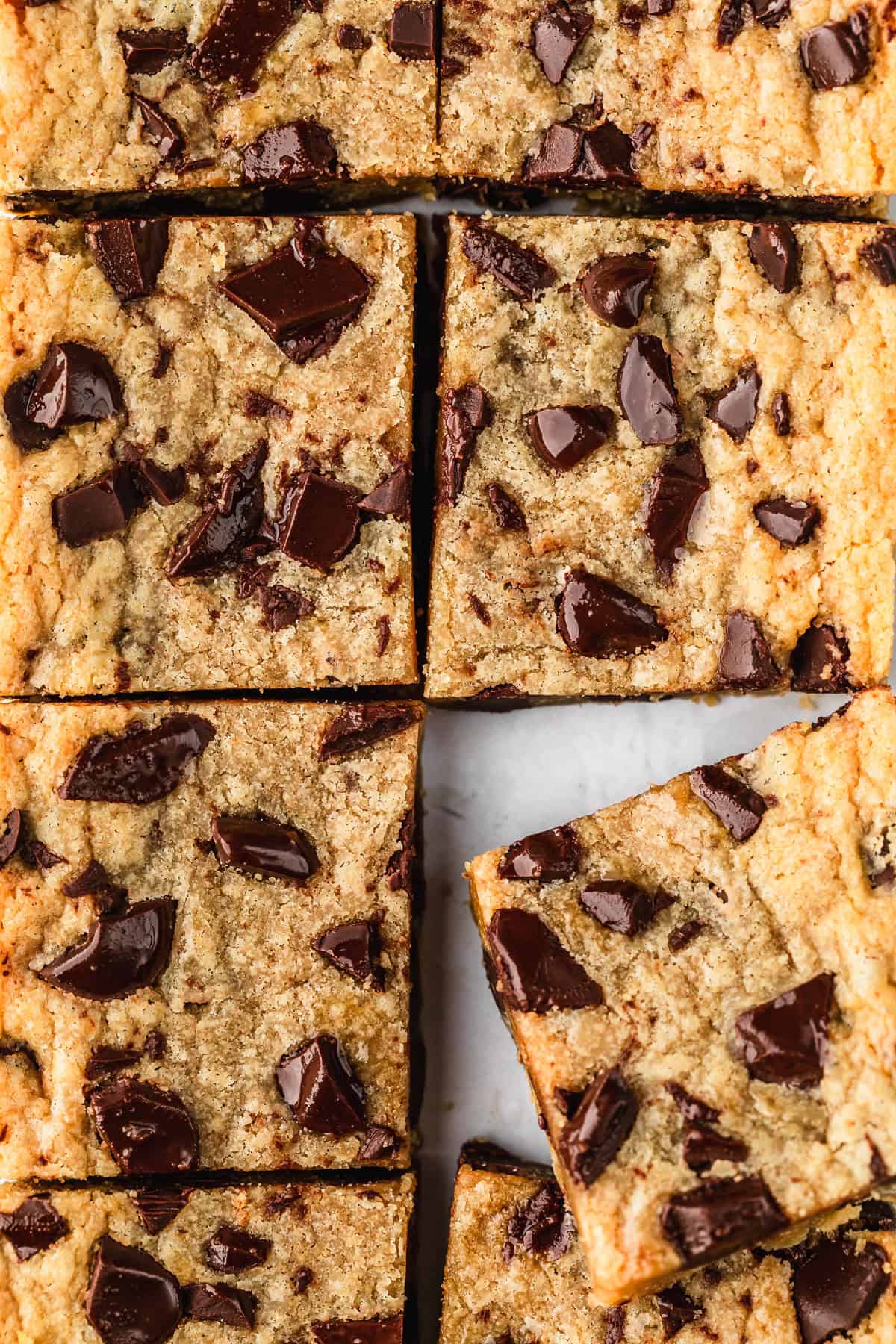 Two rows of small batch chocolate chip cookie bars on parchment paper.