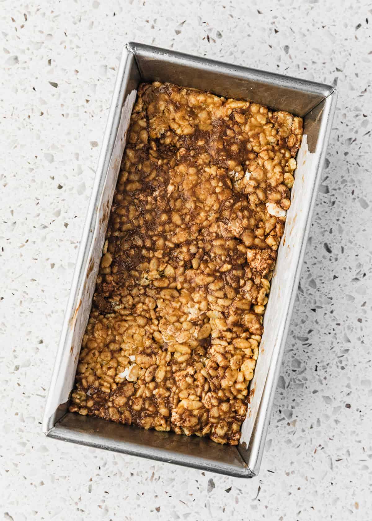 A pan of small batch chocolate peanut butter rice krispie treats.