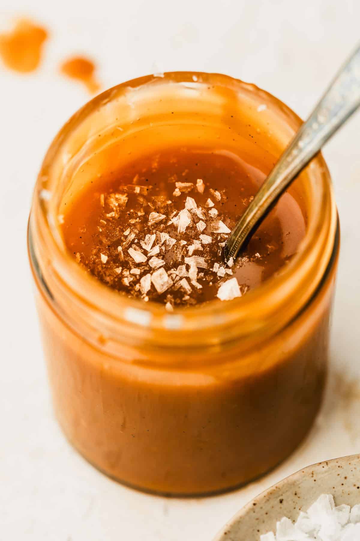 A jar of small batch salted caramel sauce.