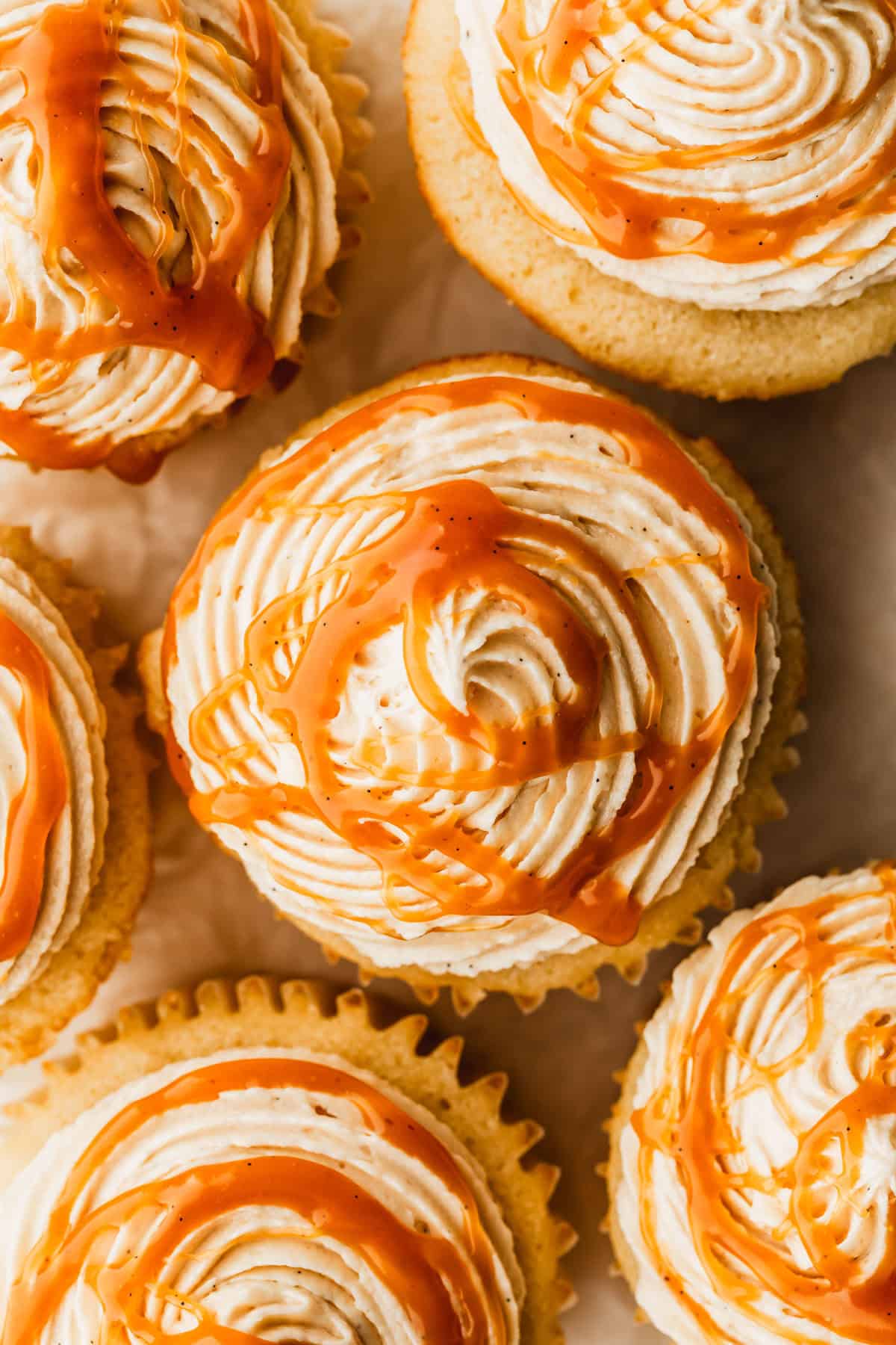Rows of cupcakes topped with small batch caramel buttercream and caramel sauce.