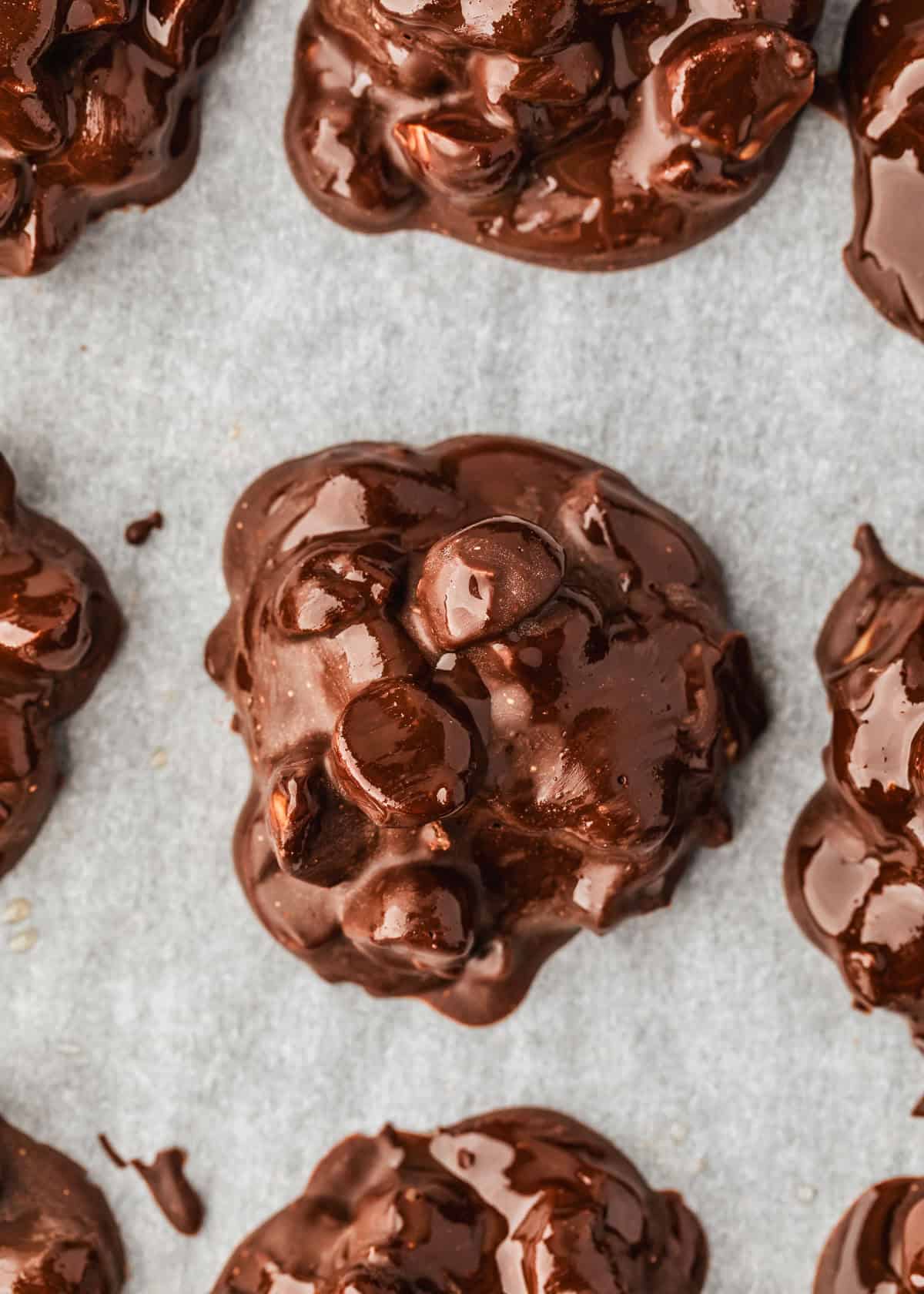 Rows of small batch macadamia nut chocolates on parchment paper.